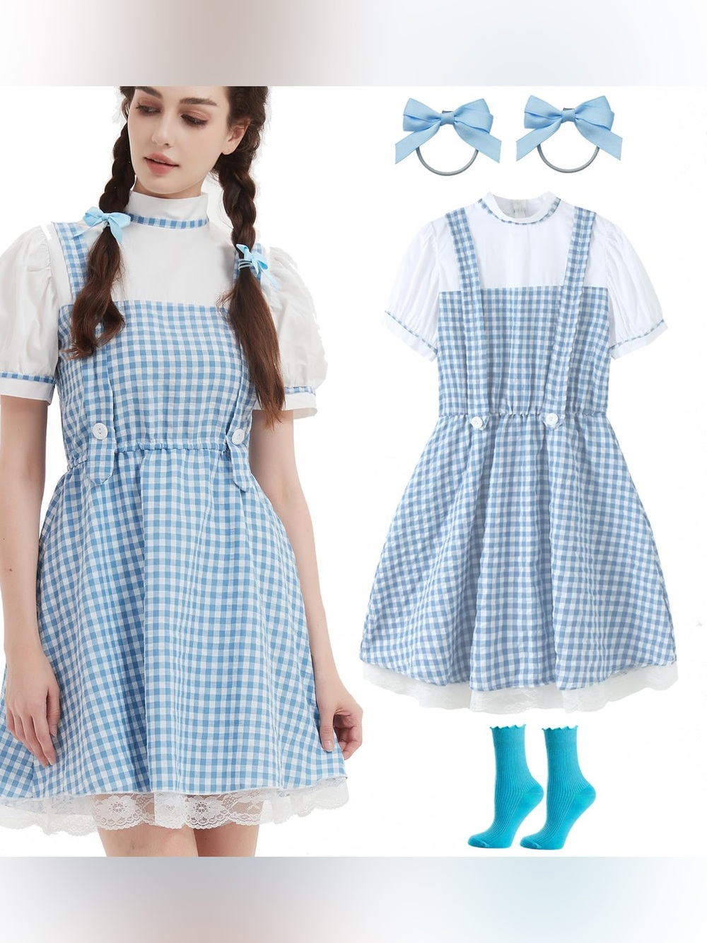 Dorothy Wizard Of Oz Costume Women’s Size L Dress Socks Bows Halloween Cosplay